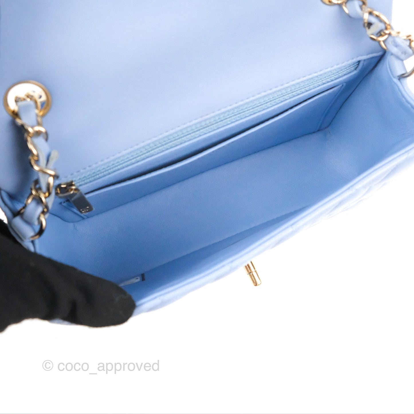 Chanel Quilted Mini Rectangular Flap Sky Blue Lambskin Gold Hardware