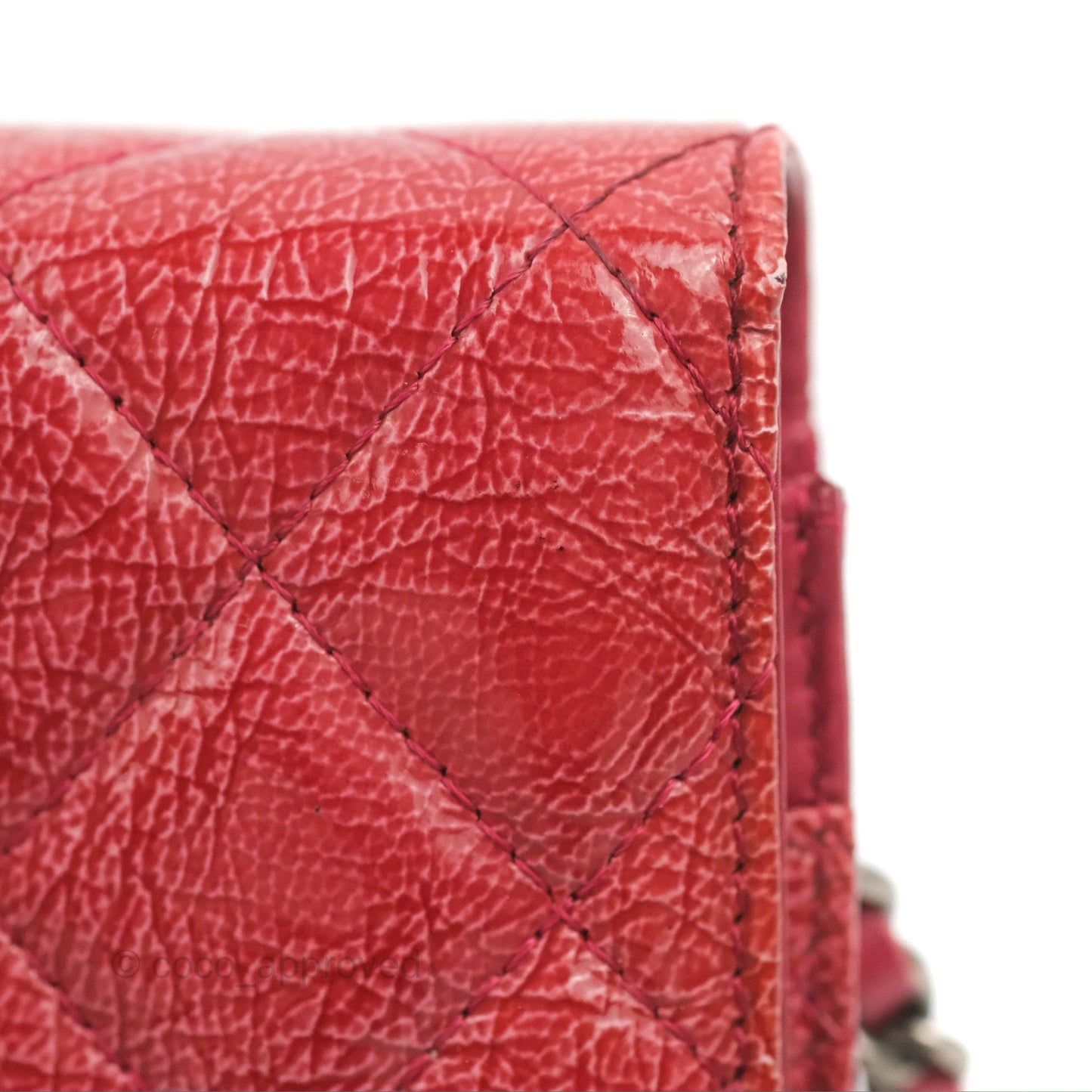 Chanel Quilted Paris Dallas Wallet On Chain WOC Patent Goatskin Cherry Red Ruthenium Hardware