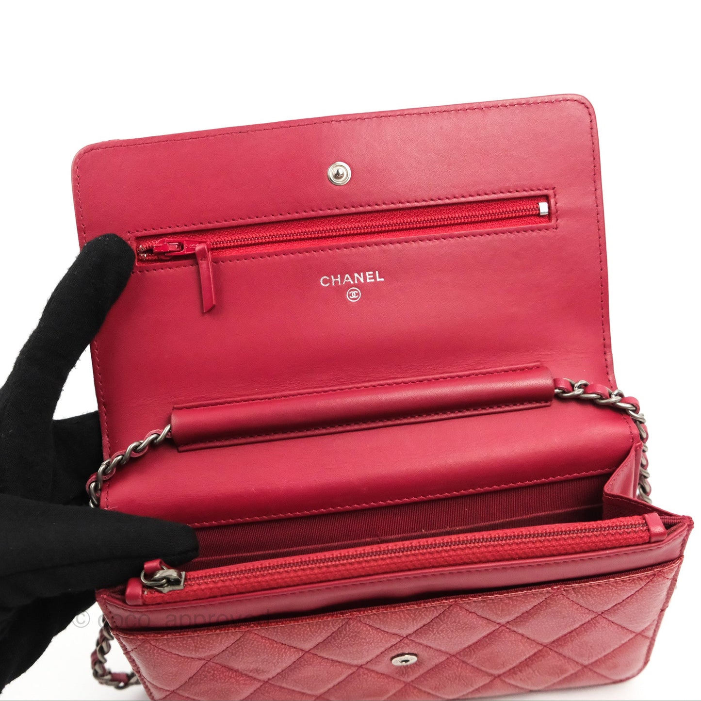 Chanel Quilted Paris Dallas Wallet On Chain WOC Patent Goatskin Cherry Red Ruthenium Hardware