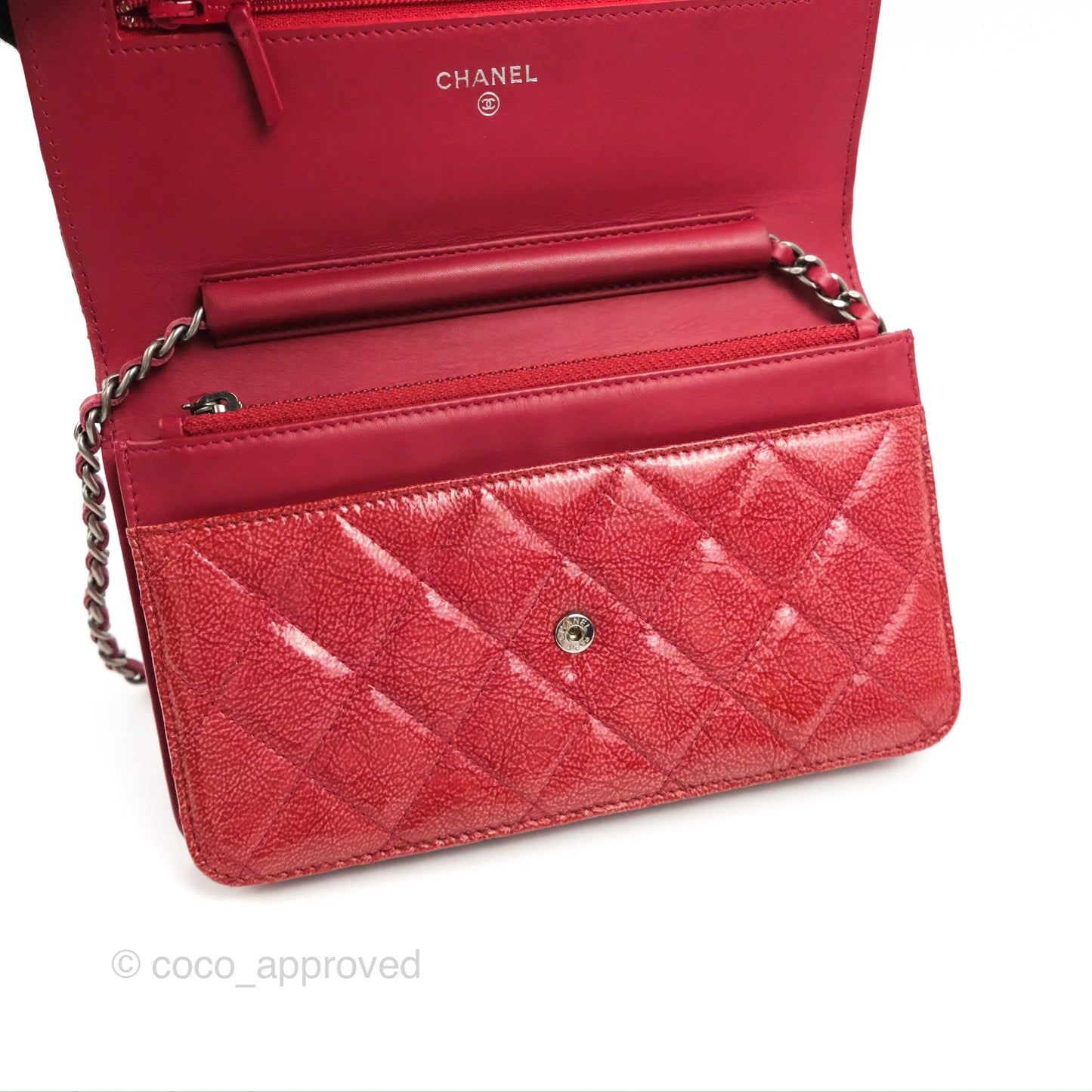 Chanel Quilted Paris Dallas Wallet On Chain WOC Patent Goatskin Cherry Red Ruthenium Hardware