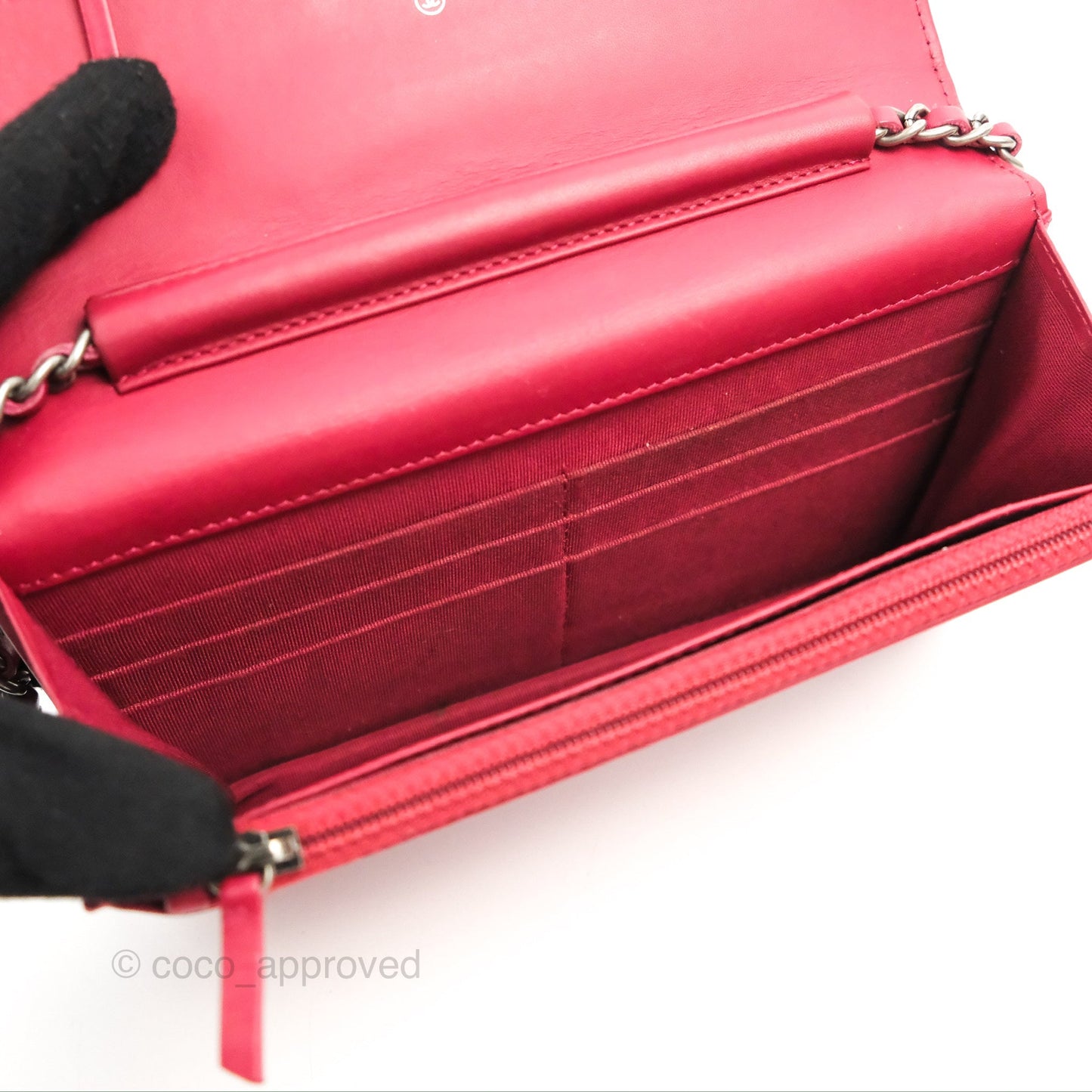 Chanel Quilted Paris Dallas Wallet On Chain WOC Patent Goatskin Cherry Red Ruthenium Hardware