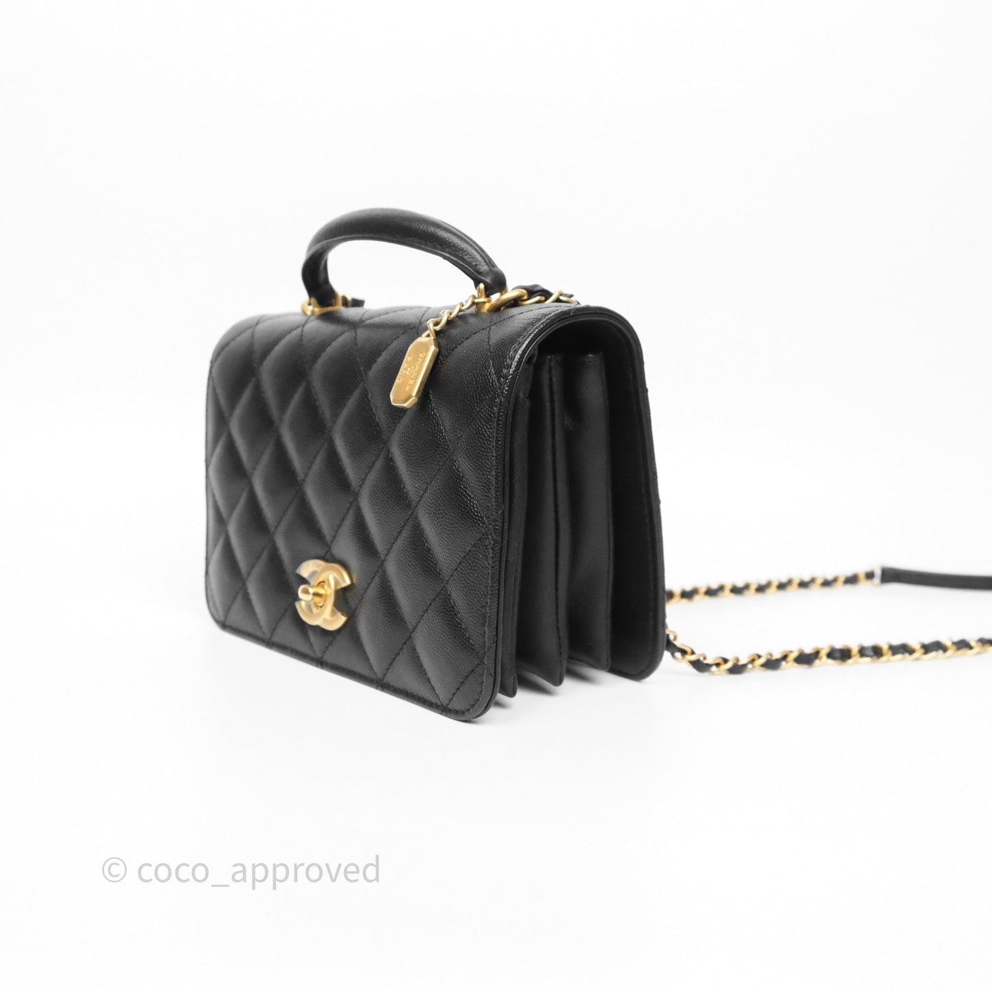 Chanel Quilted Accordion Flap Bag with Handle Black Caviar Aged Gold Hardware 23B