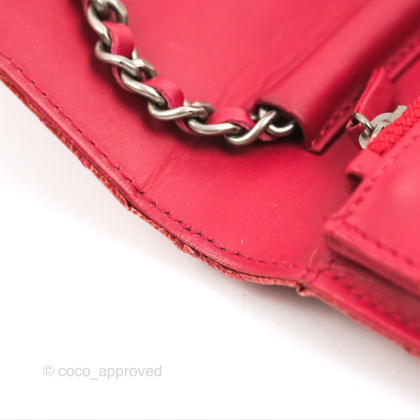 Chanel Quilted Paris Dallas Wallet On Chain WOC Patent Goatskin Cherry Red Ruthenium Hardware