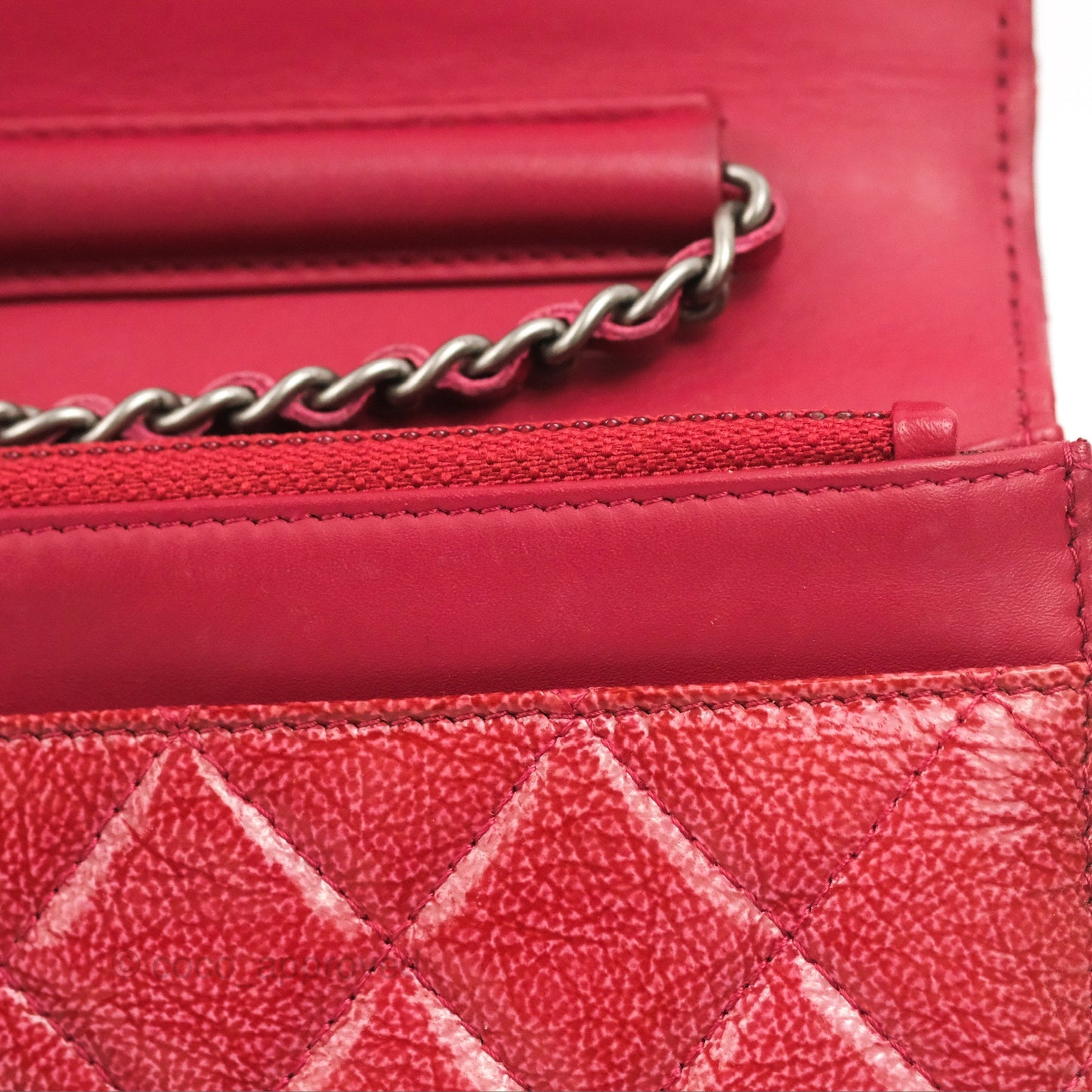 Chanel Quilted Paris Dallas Wallet On Chain WOC Patent Goatskin Cherry Red Ruthenium Hardware