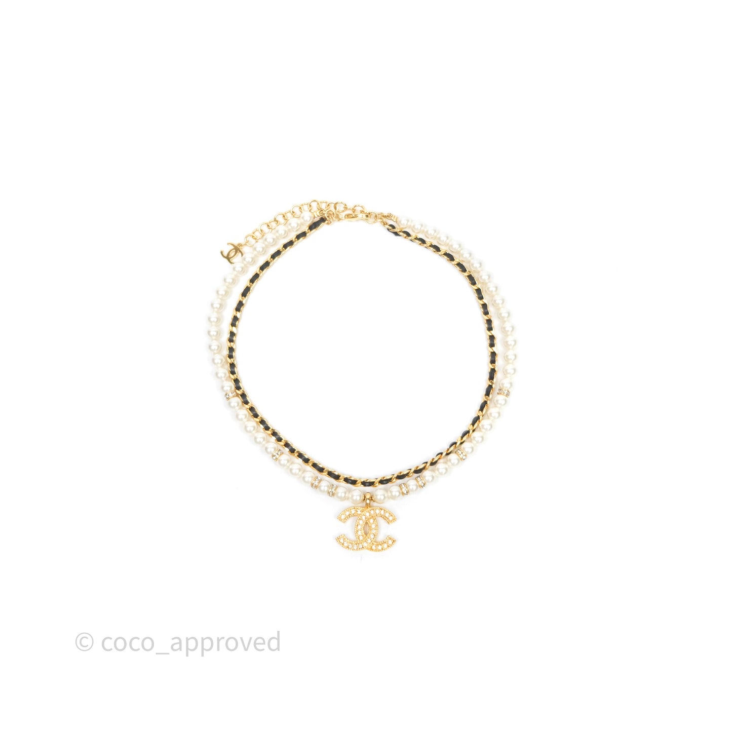 Chanel CC Pearl Crystals Double Necklace Gold Tone 24K