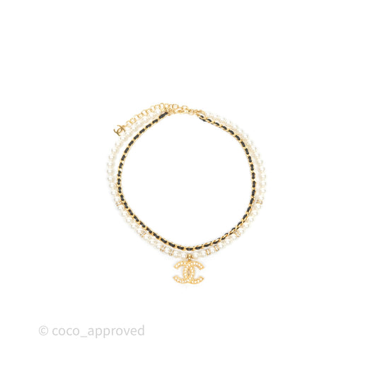 Chanel CC Pearl Crystals Double Necklace Gold Tone 24K