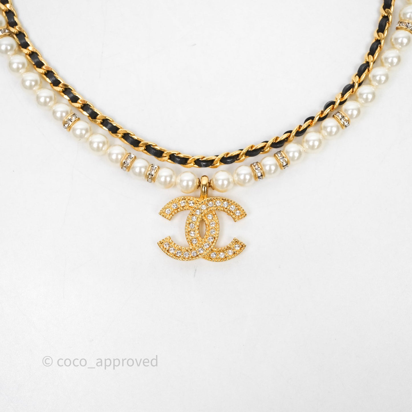 Chanel CC Pearl Crystals Double Necklace Gold Tone 24K