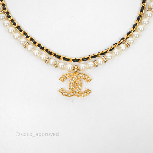Chanel CC Pearl Crystals Double Necklace Gold Tone 24K