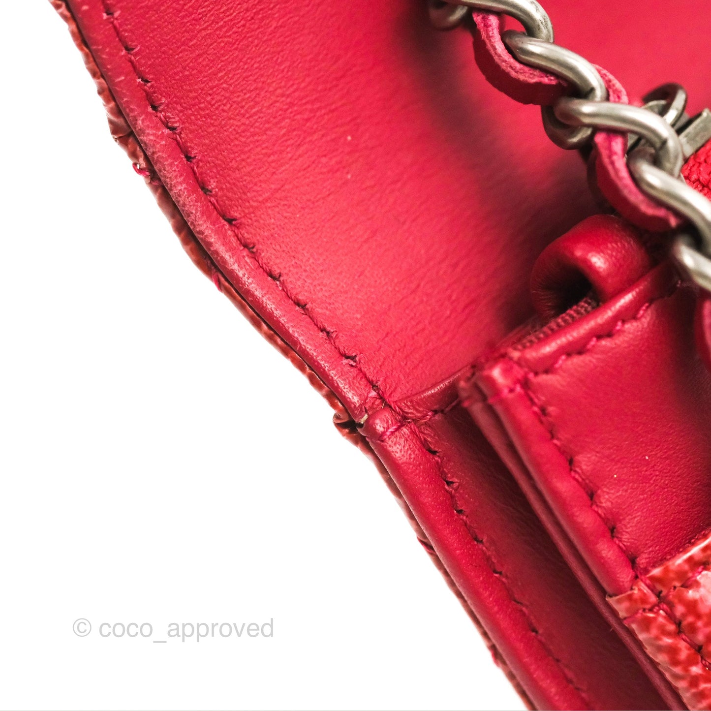 Chanel Quilted Paris Dallas Wallet On Chain WOC Patent Goatskin Cherry Red Ruthenium Hardware