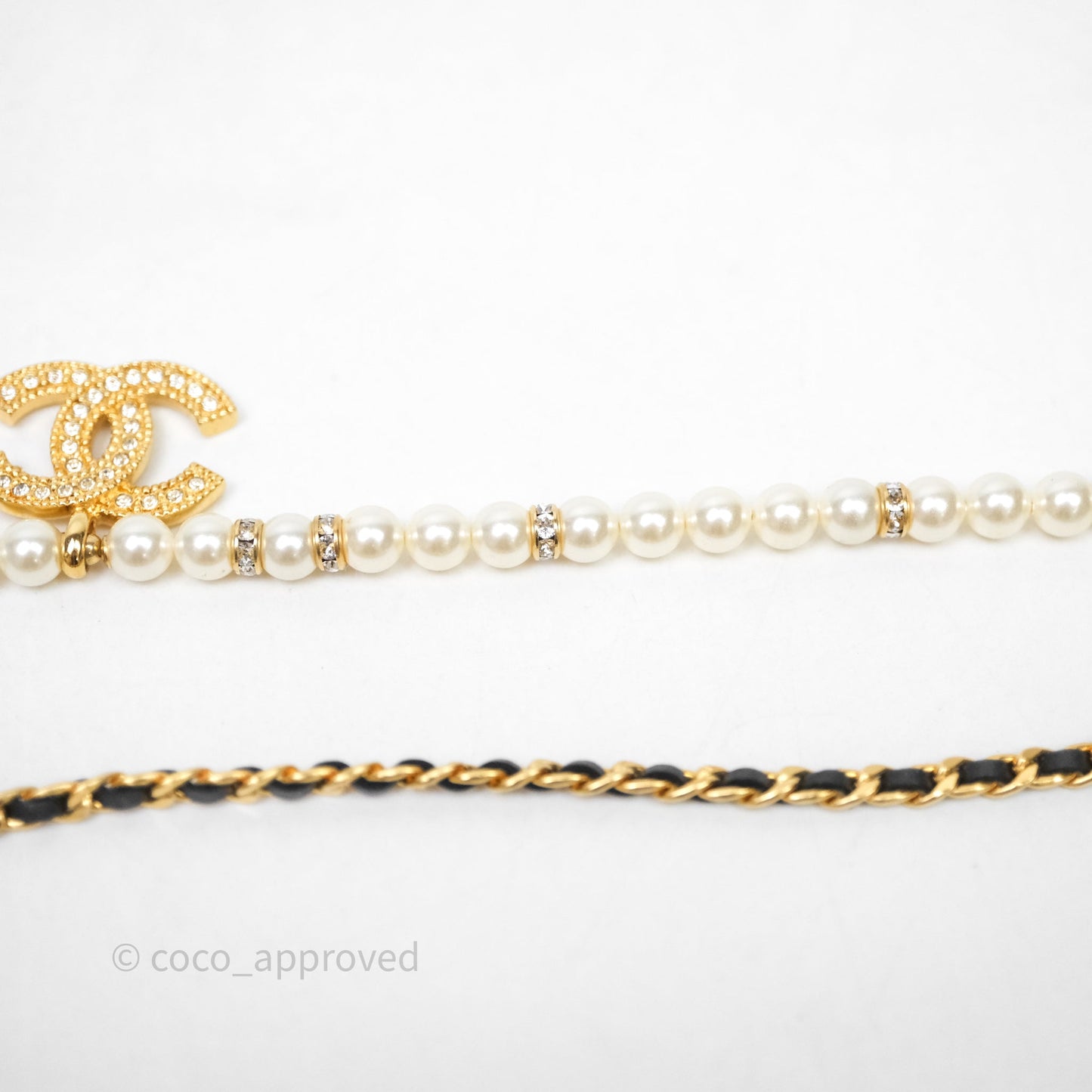 Chanel CC Pearl Crystals Double Necklace Gold Tone 24K