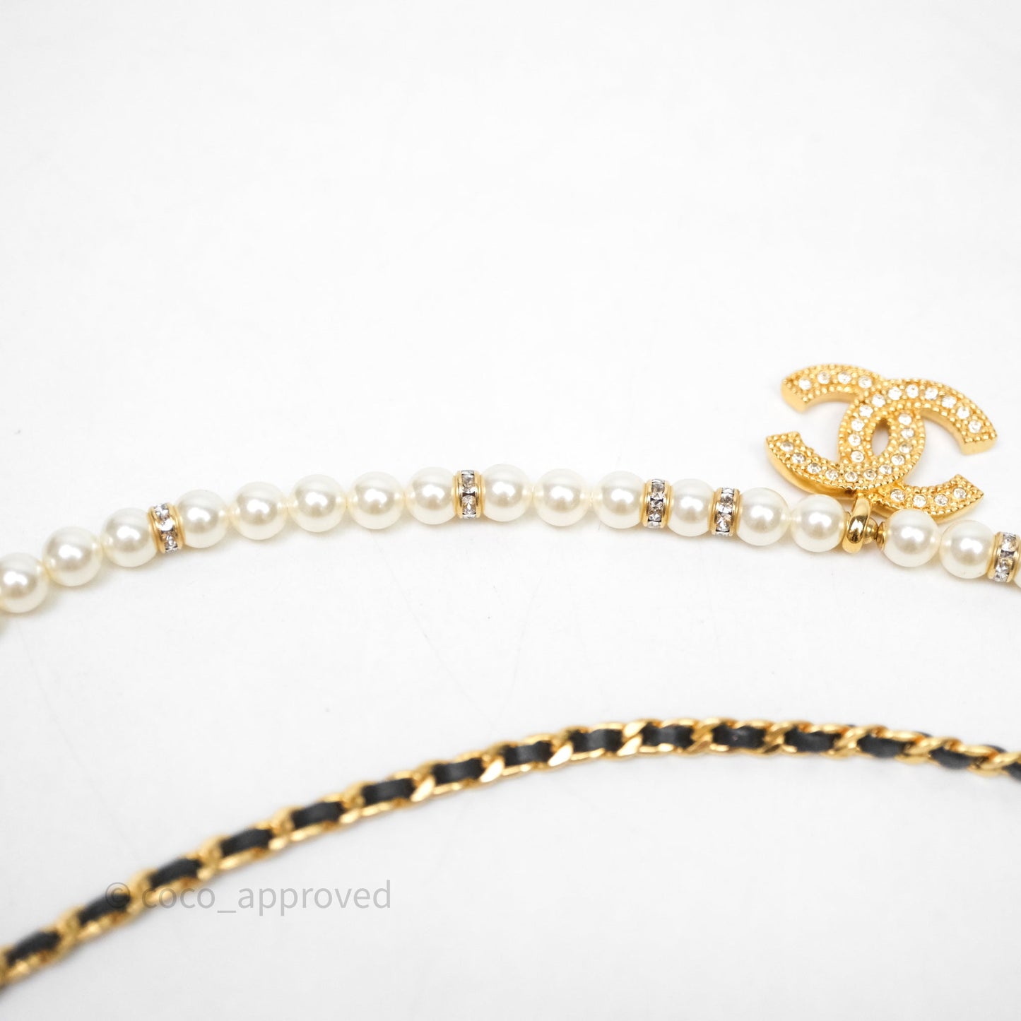 Chanel CC Pearl Crystals Double Necklace Gold Tone 24K