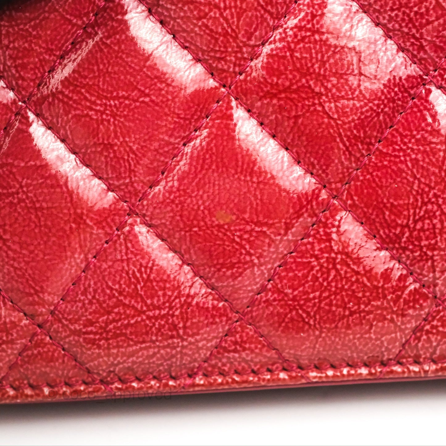 Chanel Quilted Paris Dallas Wallet On Chain WOC Patent Goatskin Cherry Red Ruthenium Hardware