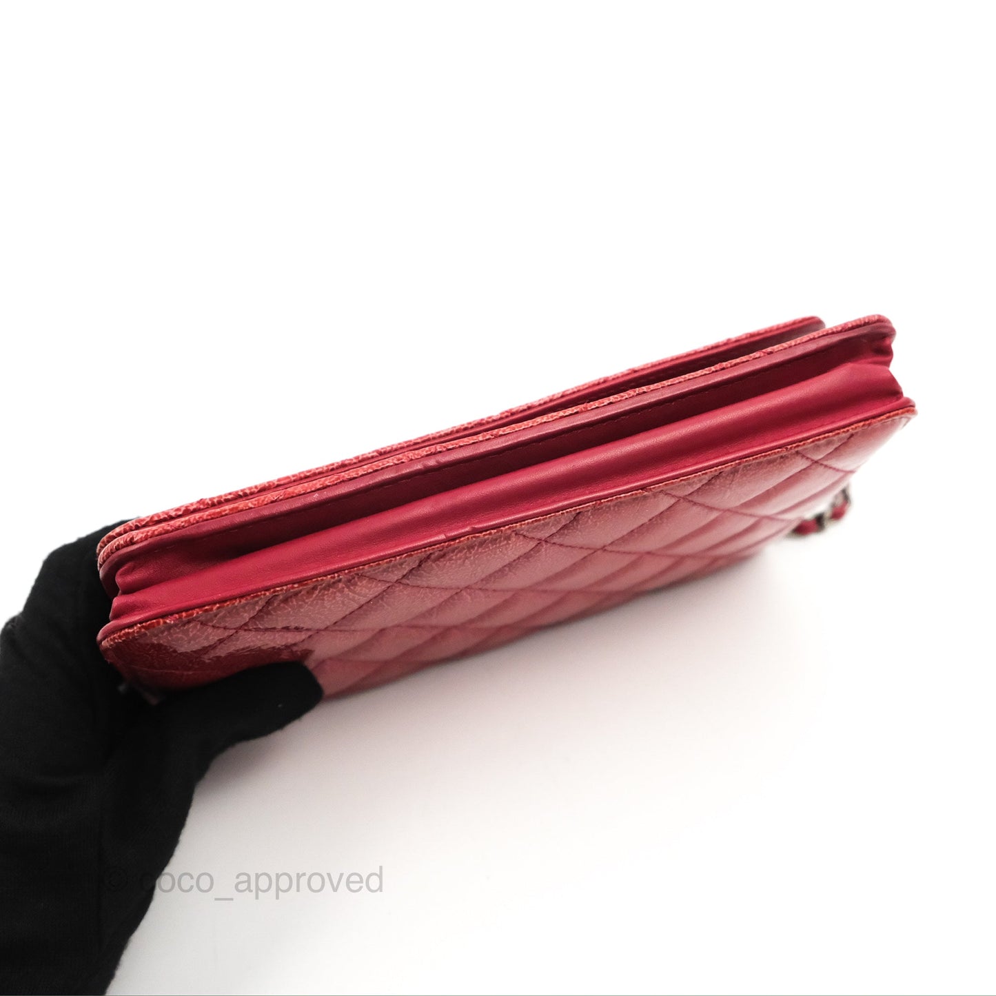 Chanel Quilted Paris Dallas Wallet On Chain WOC Patent Goatskin Cherry Red Ruthenium Hardware