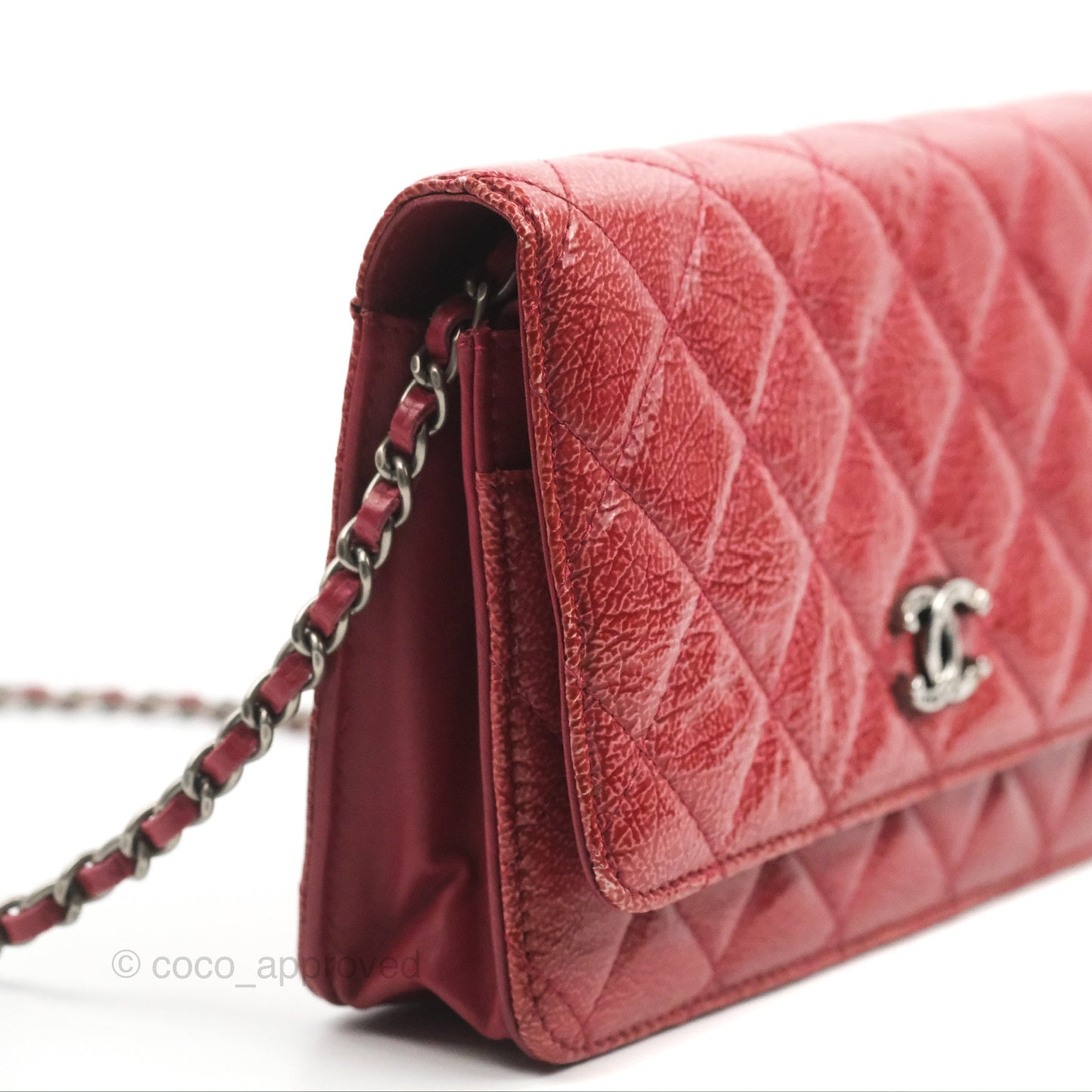 Chanel Quilted Paris Dallas Wallet On Chain WOC Patent Goatskin Cherry Red Ruthenium Hardware