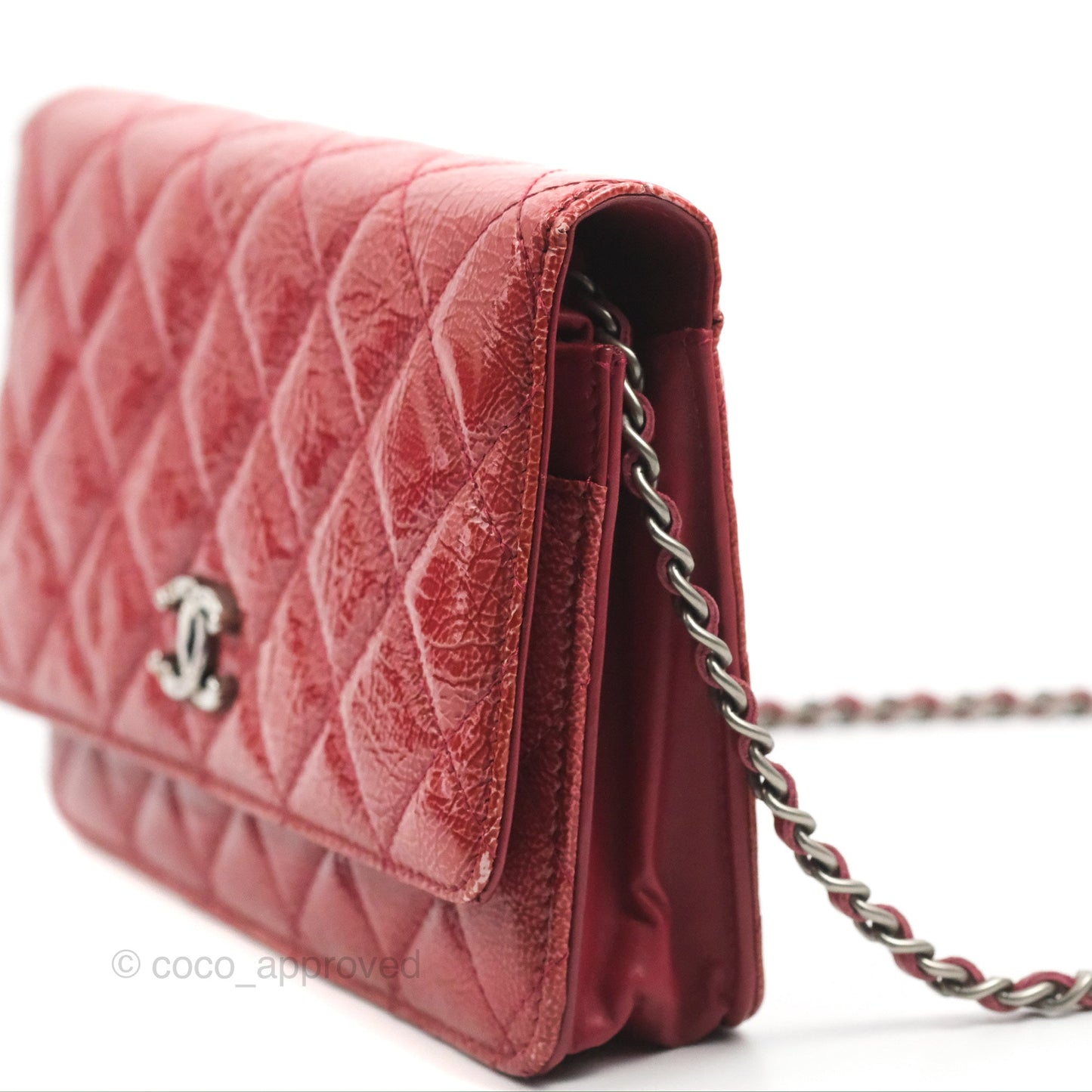 Chanel Quilted Paris Dallas Wallet On Chain WOC Patent Goatskin Cherry Red Ruthenium Hardware