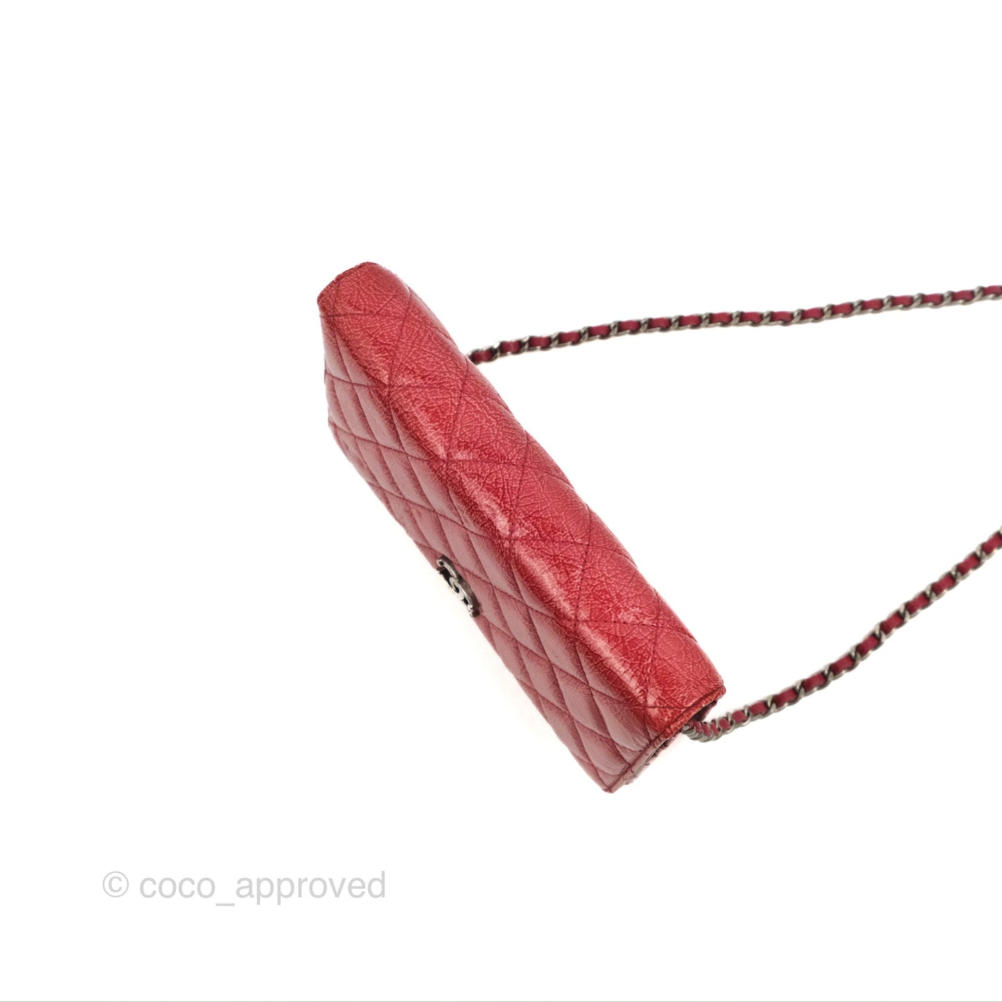 Chanel Quilted Paris Dallas Wallet On Chain WOC Patent Goatskin Cherry Red Ruthenium Hardware