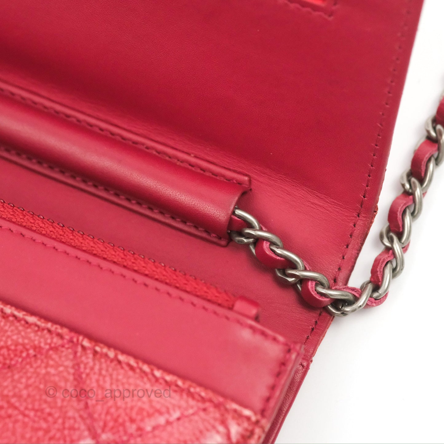 Chanel Quilted Paris Dallas Wallet On Chain WOC Patent Goatskin Cherry Red Ruthenium Hardware