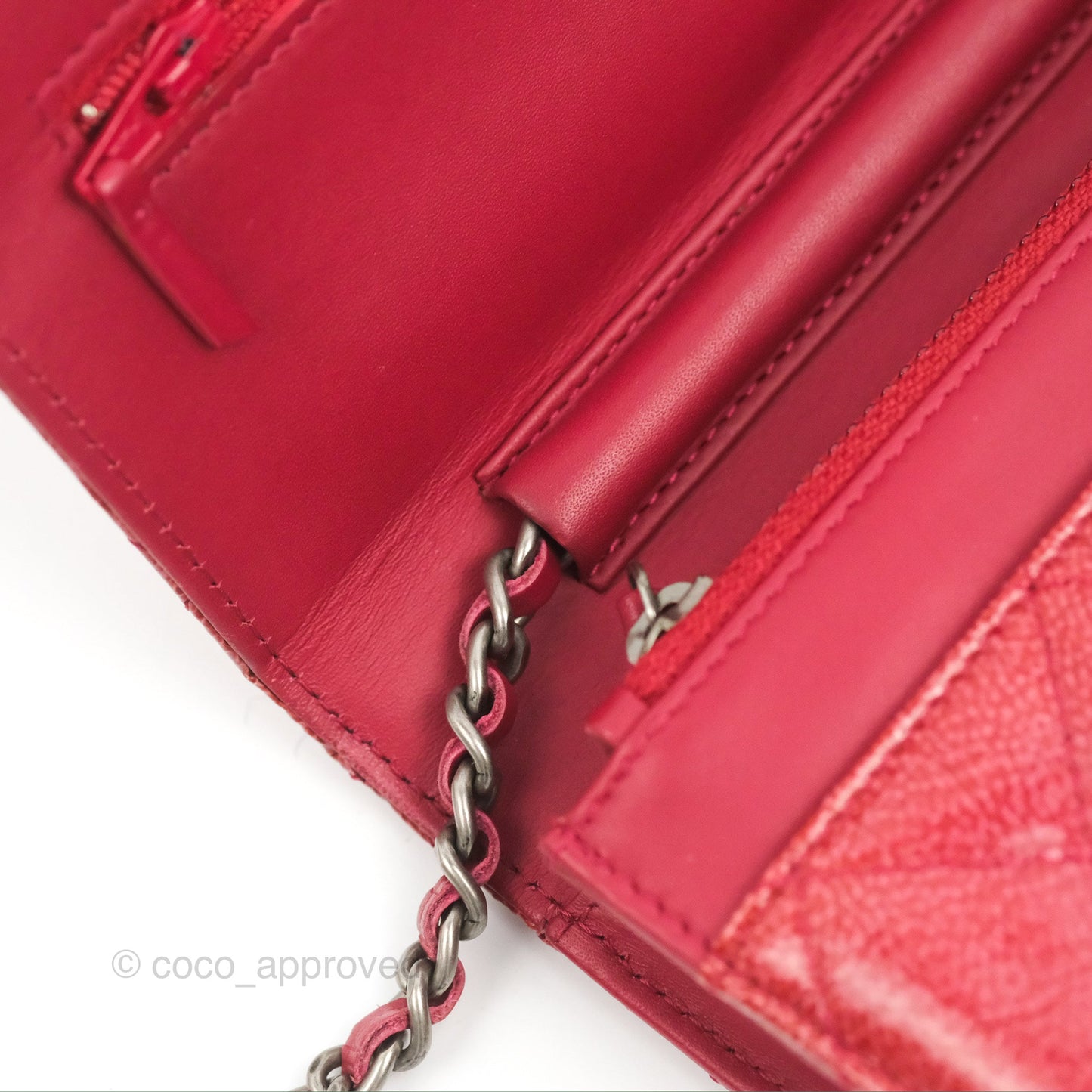 Chanel Quilted Paris Dallas Wallet On Chain WOC Patent Goatskin Cherry Red Ruthenium Hardware