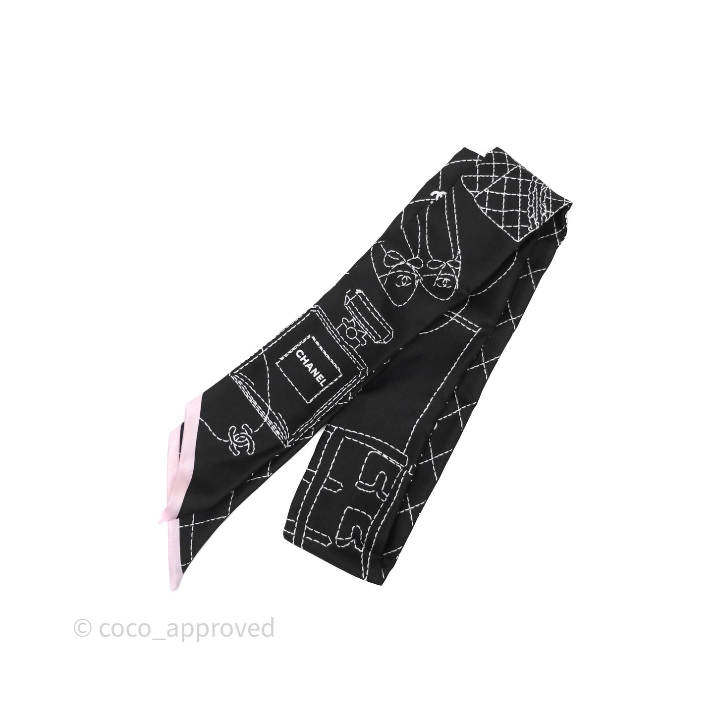 Chanel Silk Twilly in Black / White / Pink