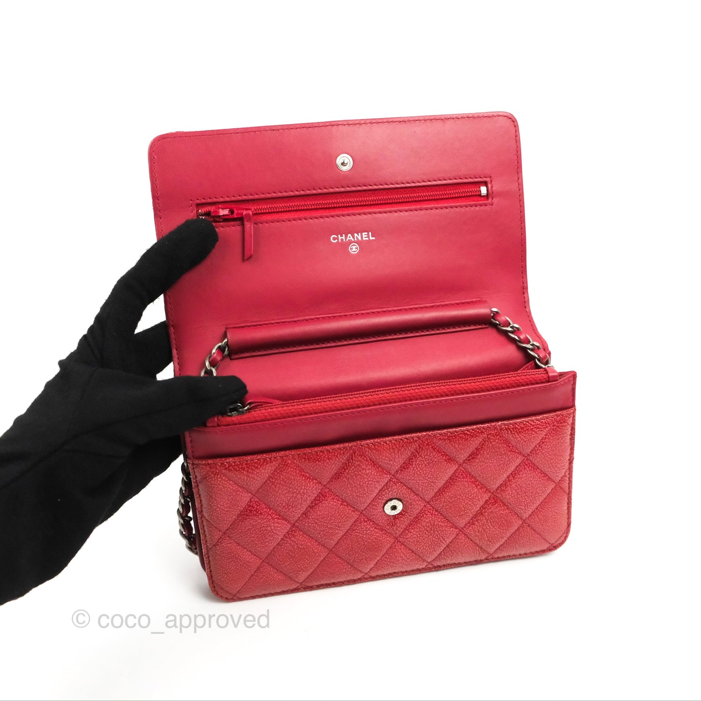 Chanel Quilted Paris Dallas Wallet On Chain WOC Patent Goatskin Cherry Red Ruthenium Hardware