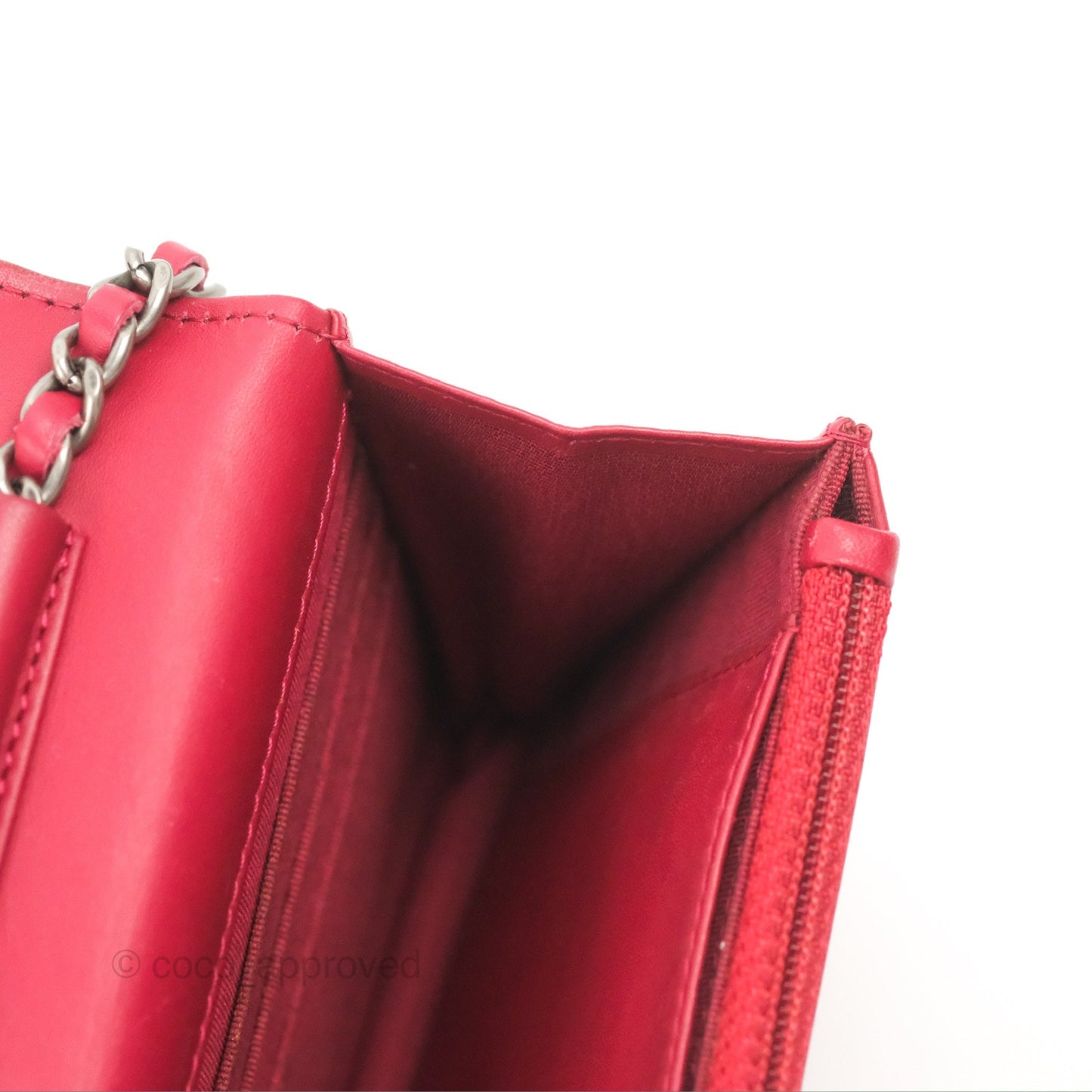 Chanel Quilted Paris Dallas Wallet On Chain WOC Patent Goatskin Cherry Red Ruthenium Hardware