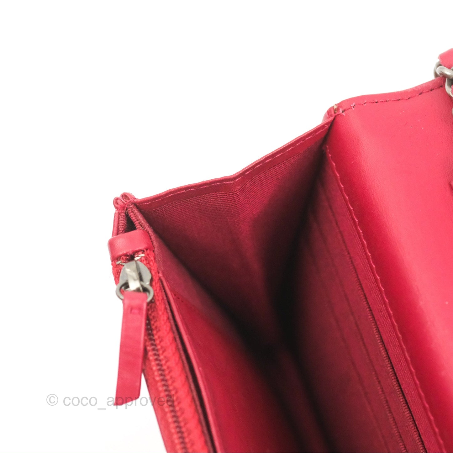 Chanel Quilted Paris Dallas Wallet On Chain WOC Patent Goatskin Cherry Red Ruthenium Hardware