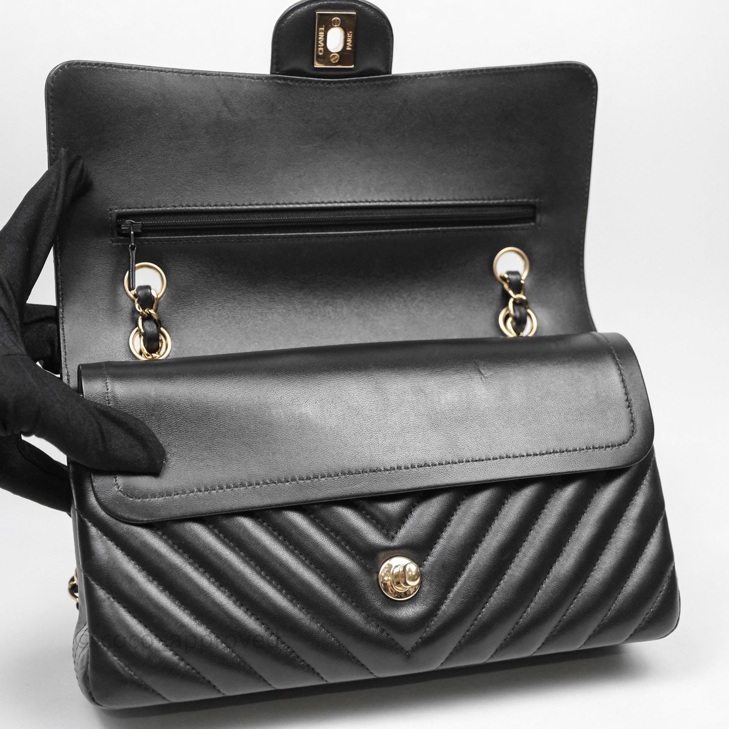 Chanel Classic M/L Medium Flap Chevron Black Lambskin Gold Hardware