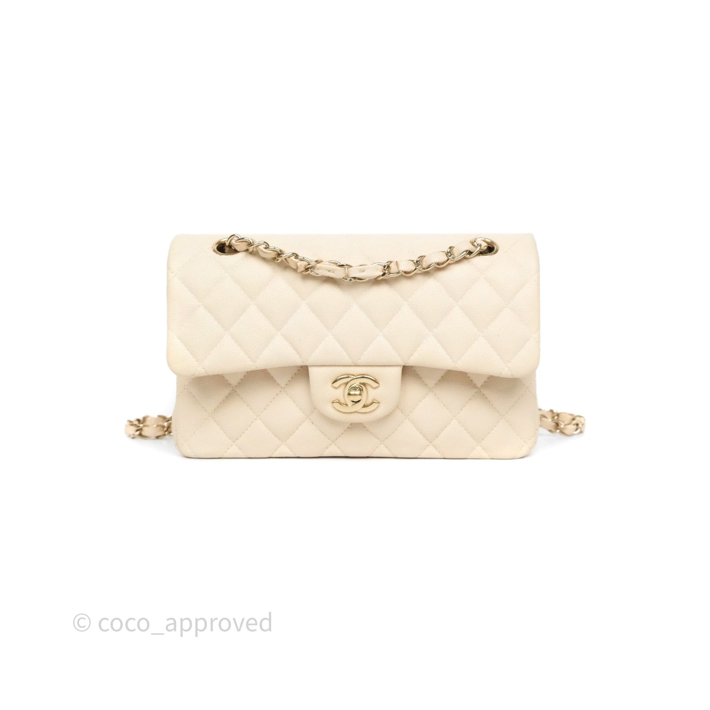 Chanel Small Classic Flap Quilted Light Ivory Beige Caviar Gold Hardware