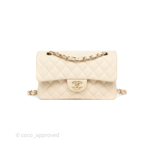 Chanel Small Classic Flap Quilted Light Ivory Beige Caviar Gold Hardware