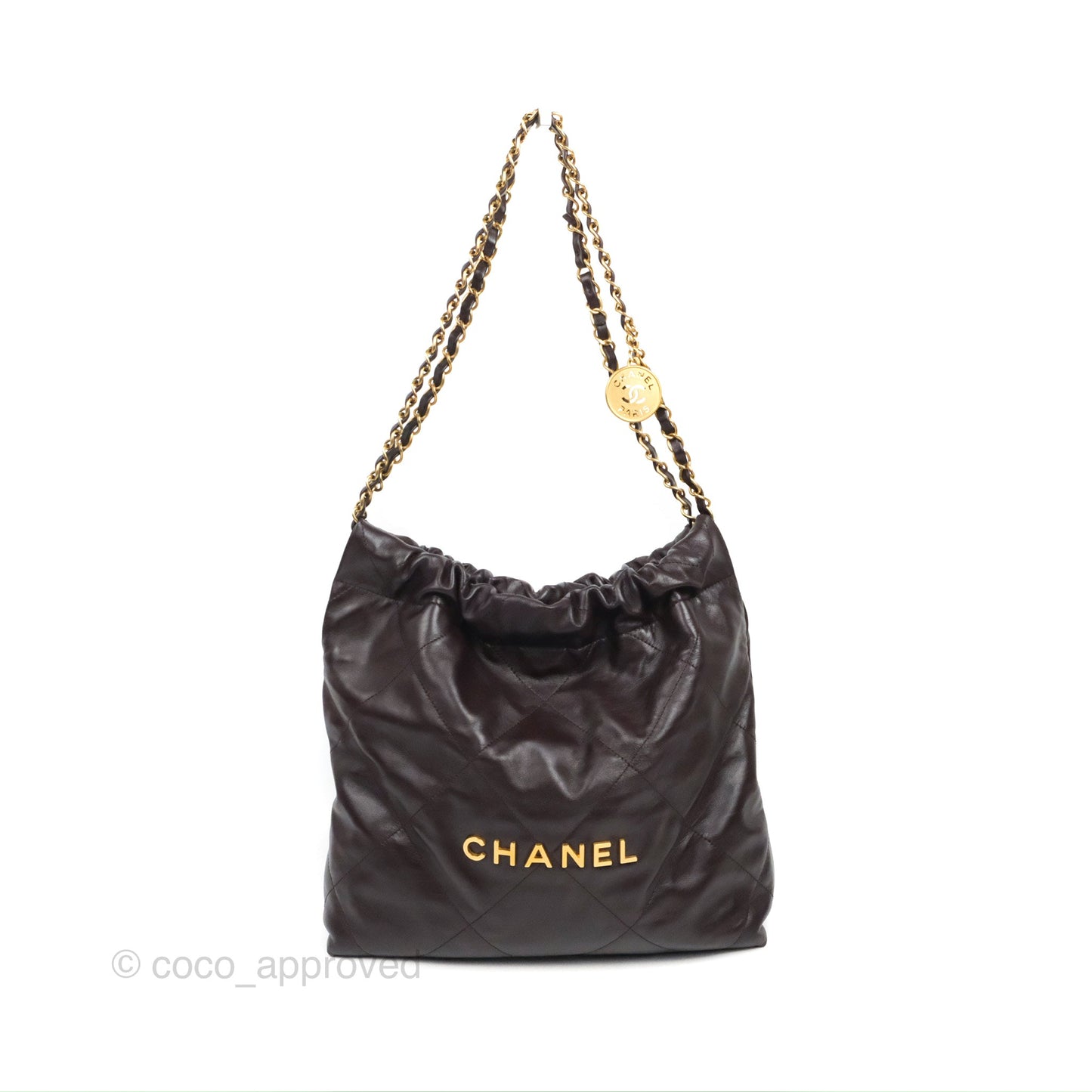 Chanel 22 Small Dark Brown Shiny Calfskin Aged Gold Hardware