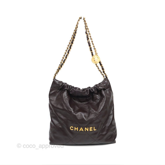 Chanel 22 Small Dark Brown Shiny Calfskin Aged Gold Hardware