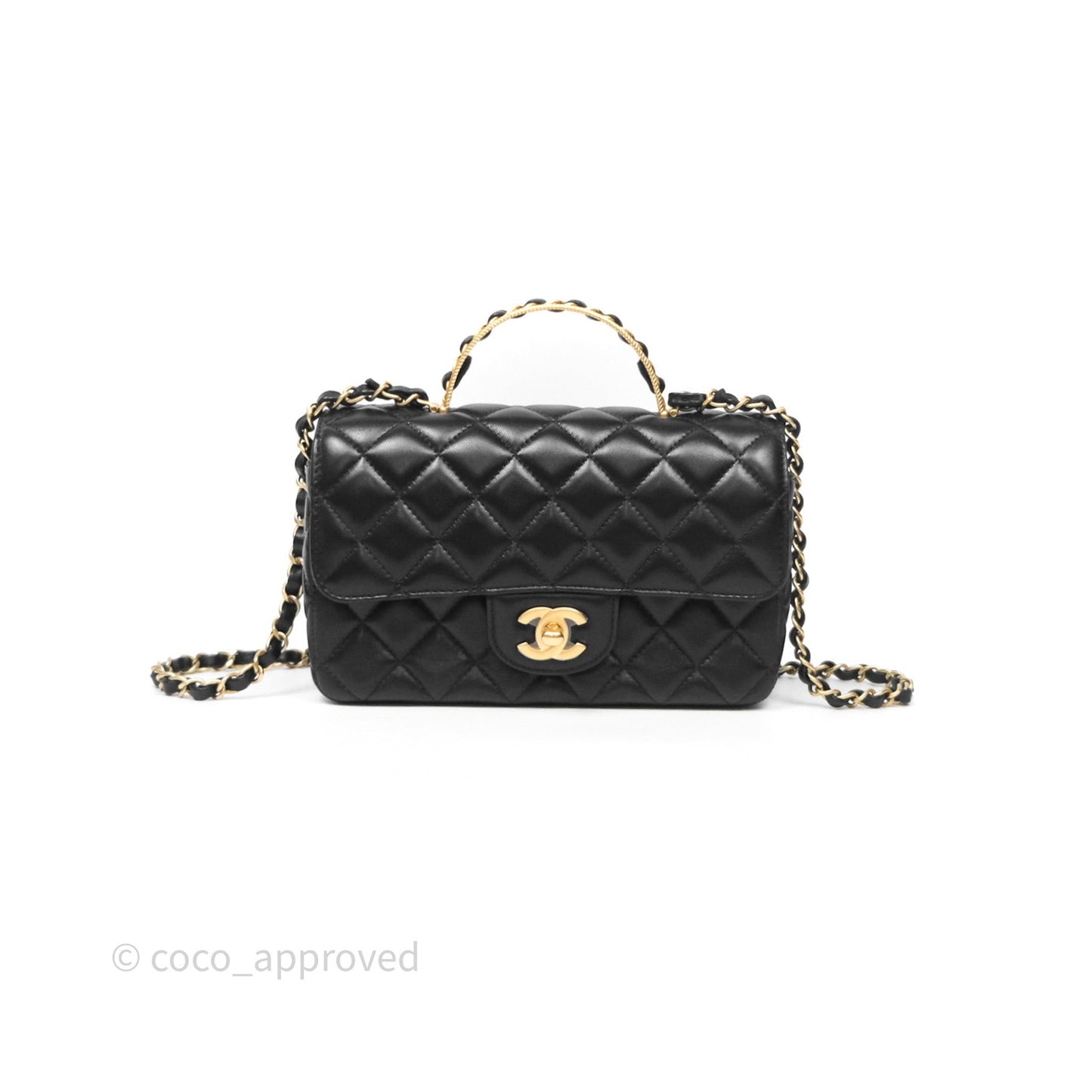 Chanel Top Handle Mini Rectangular Flap Bag Black Lambskin Aged Gold Hardware