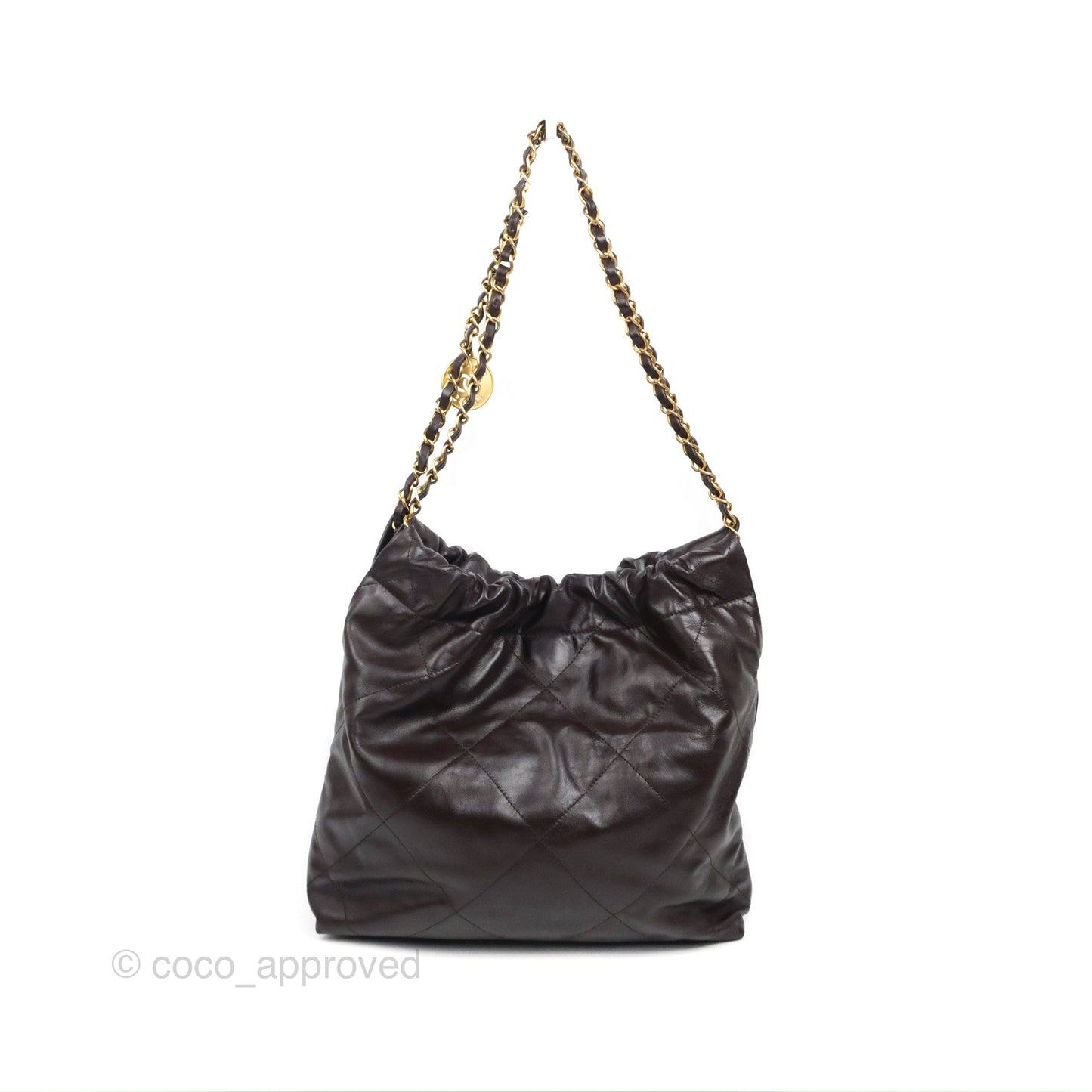 Chanel 22 Small Dark Brown Shiny Calfskin Aged Gold Hardware