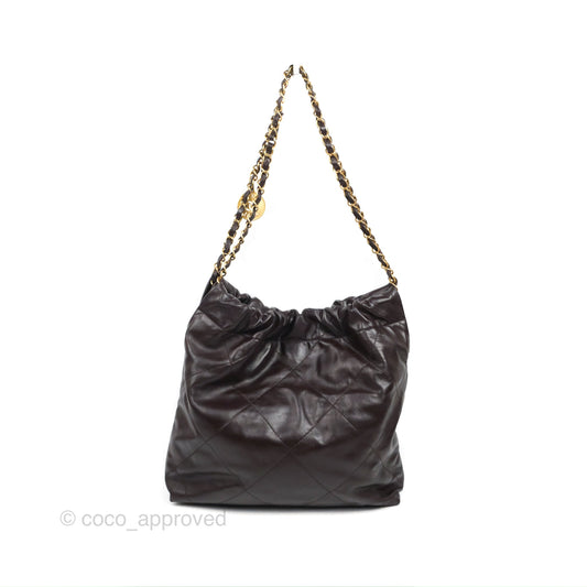 Chanel 22 Small Dark Brown Shiny Calfskin Aged Gold Hardware