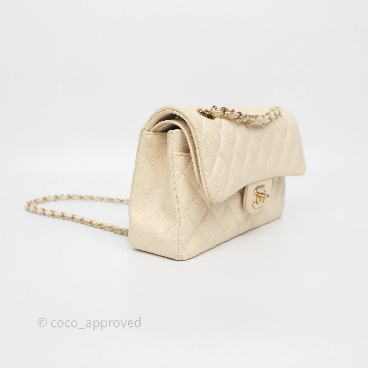 Chanel Small Classic Flap Quilted Light Ivory Beige Caviar Gold Hardware