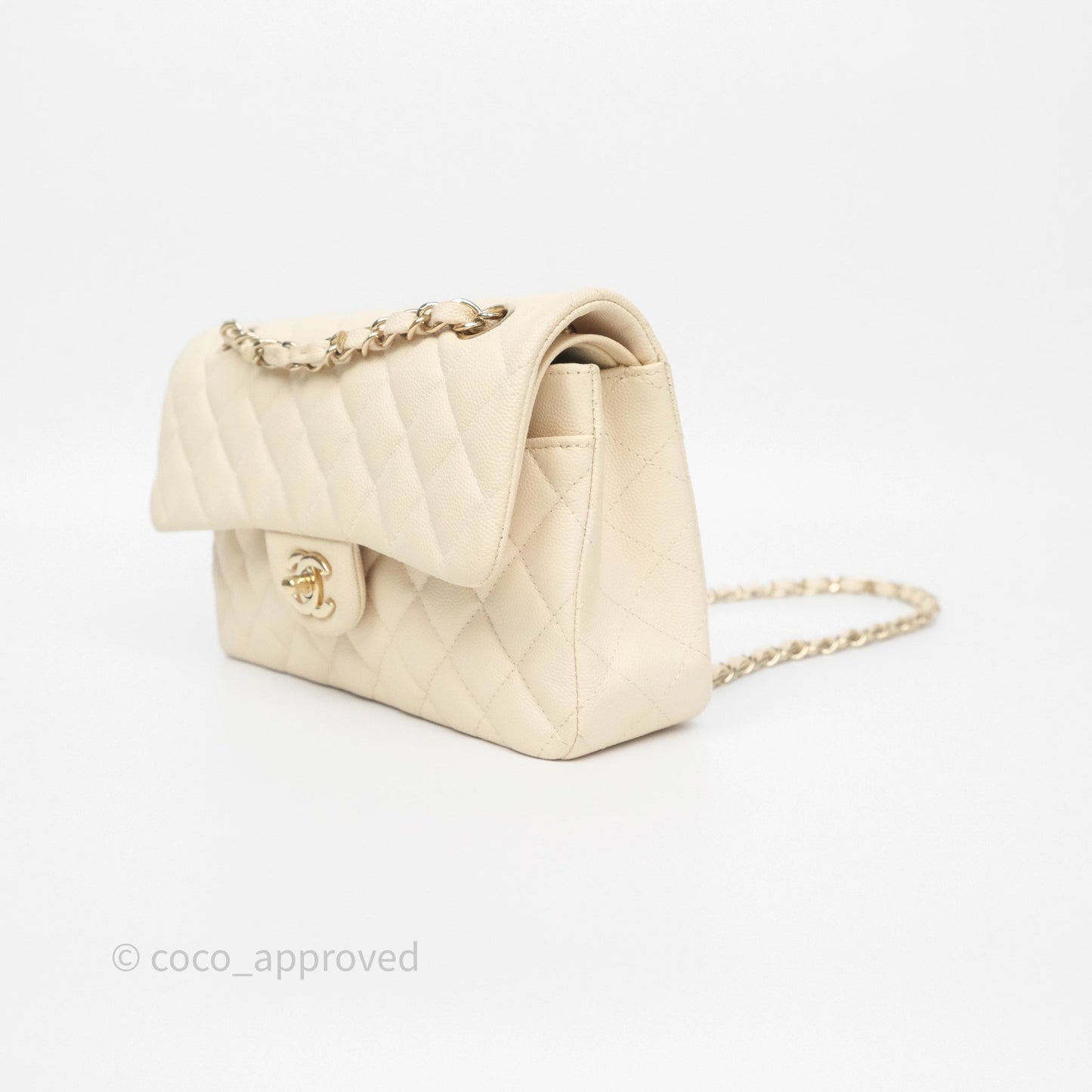 Chanel Small Classic Flap Quilted Light Ivory Beige Caviar Gold Hardware