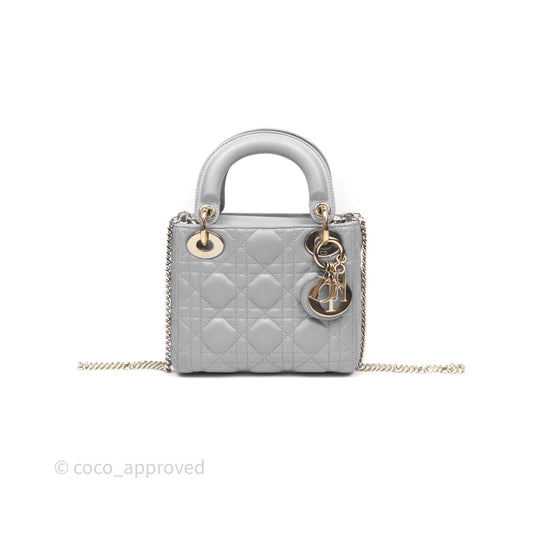Christian Dior Mini Lady Dior Iridescent Grey Lambskin Cannage Gold Hardware
