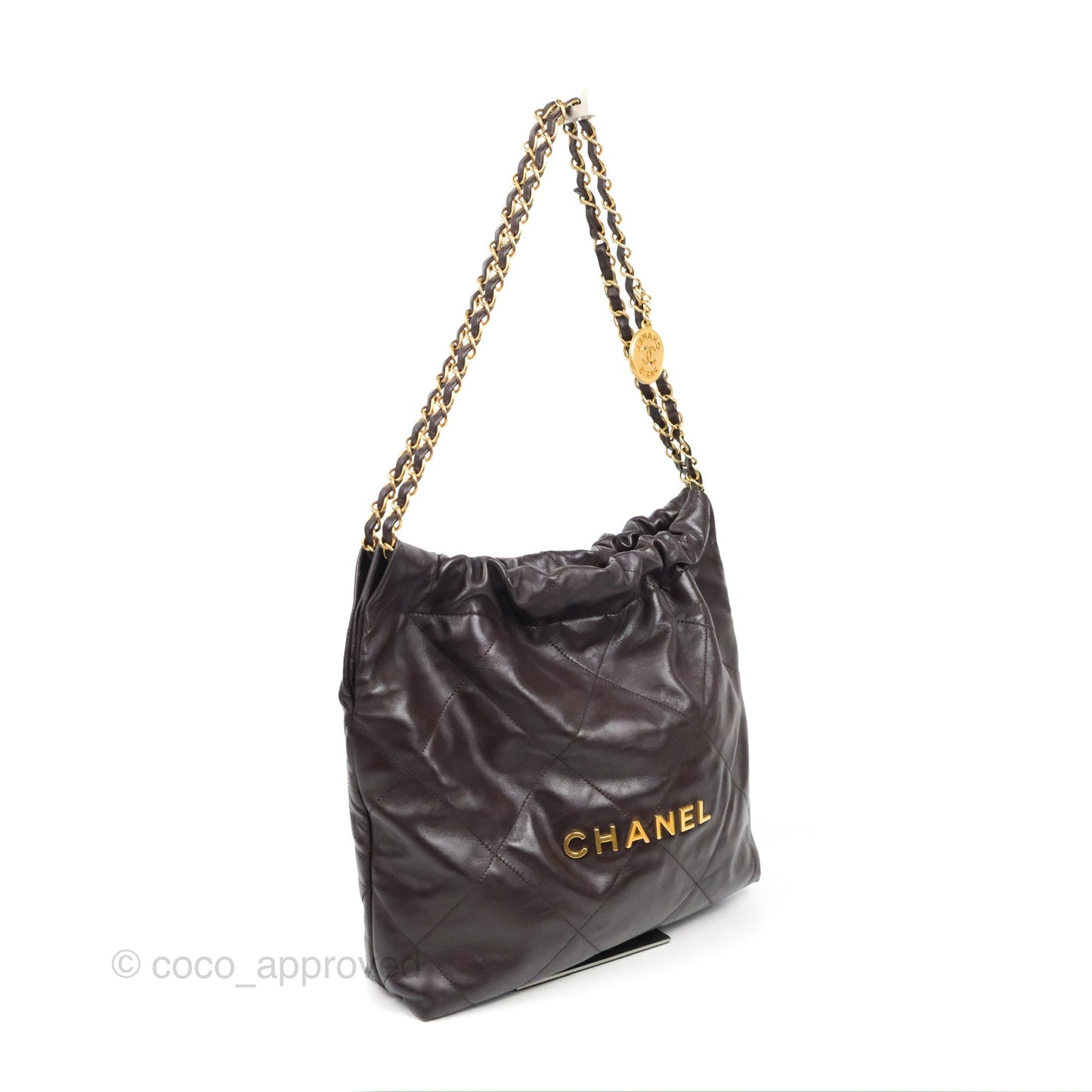 Chanel 22 Small Dark Brown Shiny Calfskin Aged Gold Hardware