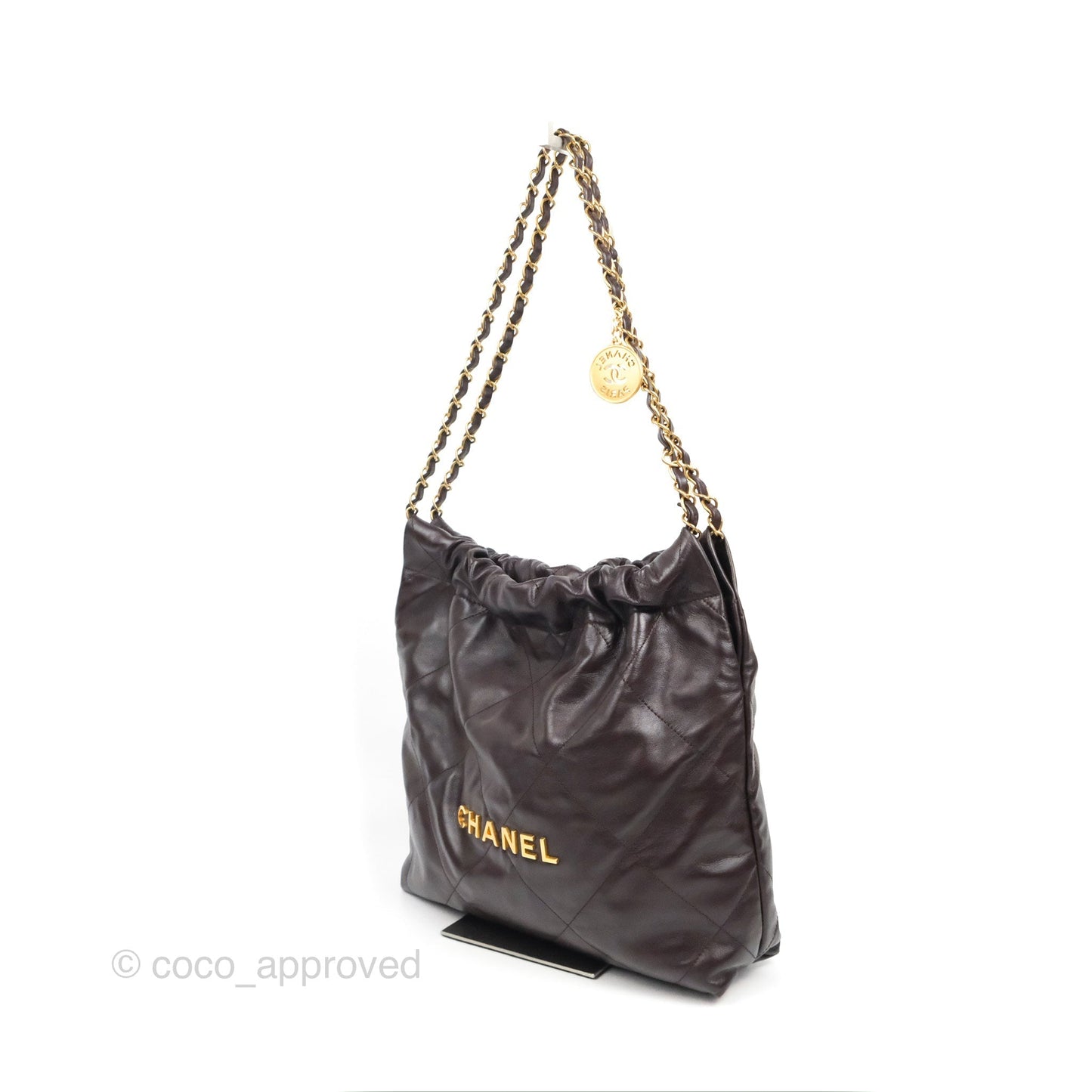 Chanel 22 Small Dark Brown Shiny Calfskin Aged Gold Hardware