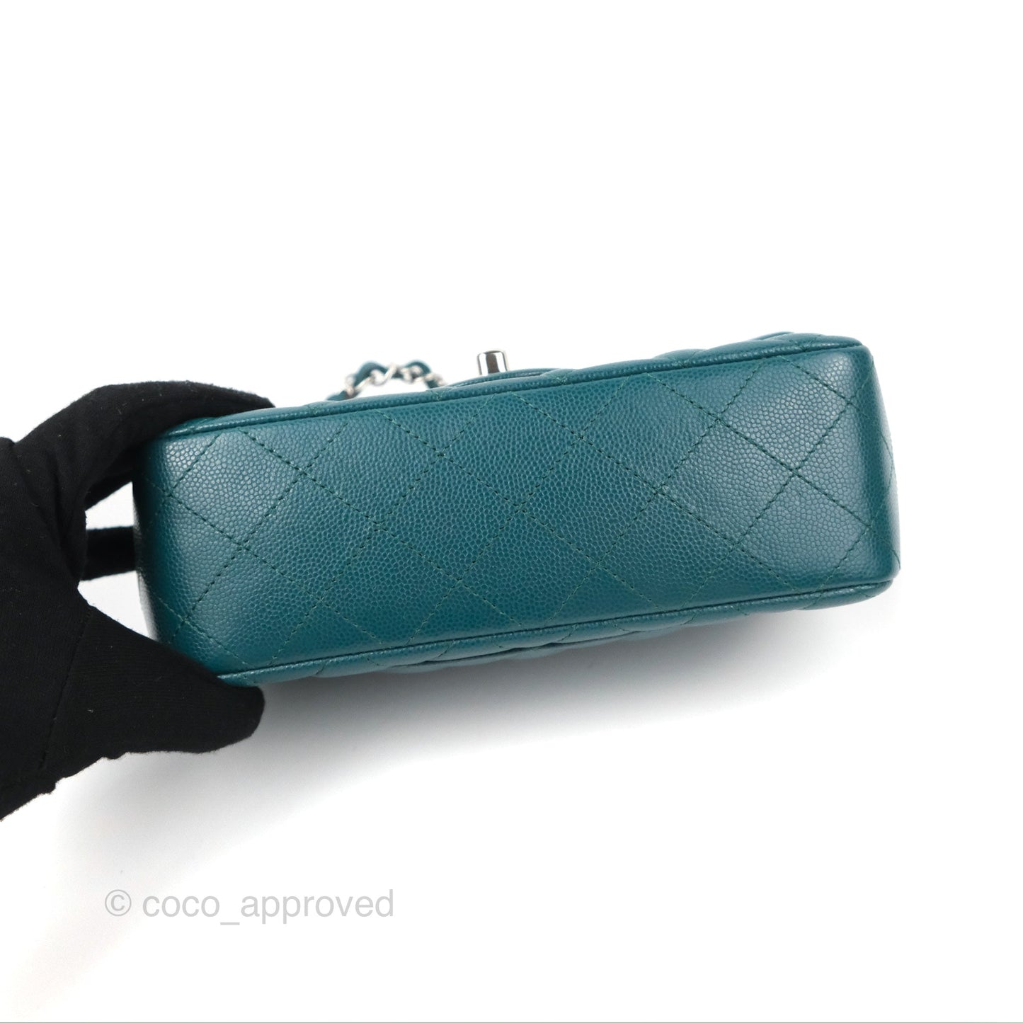 Chanel Quilted Mini Rectangular Flap Teal Green Caviar Silver Hardware