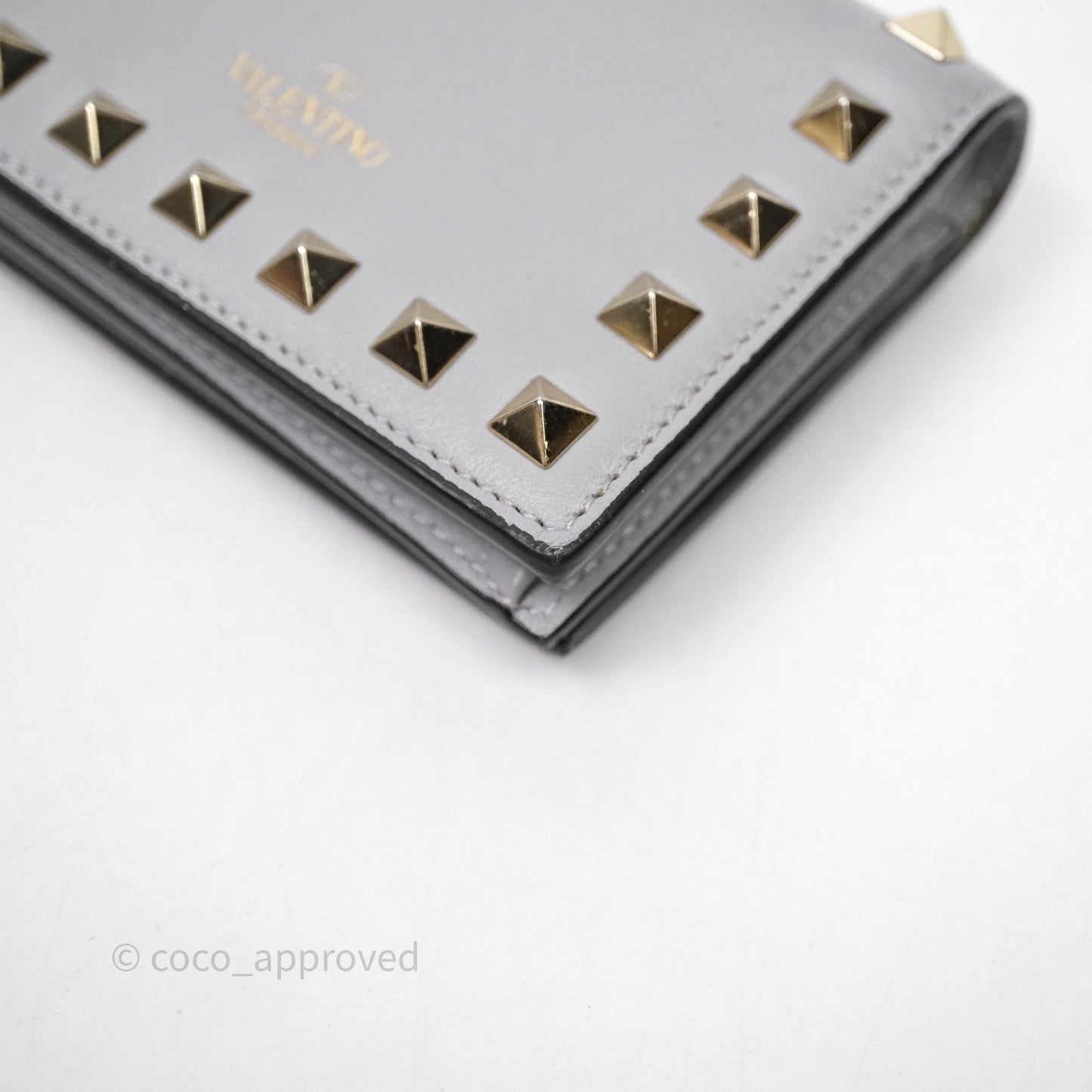 Valentino Grey Garavani Rockstud Compact Short Wallet Gold Hardware