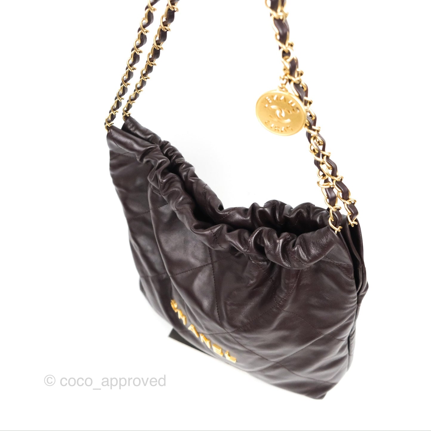 Chanel 22 Small Dark Brown Shiny Calfskin Aged Gold Hardware