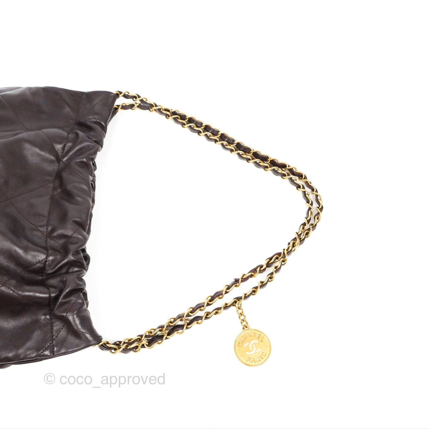 Chanel 22 Small Dark Brown Shiny Calfskin Aged Gold Hardware