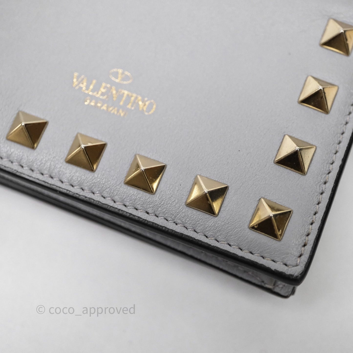 Valentino Grey Garavani Rockstud Compact Short Wallet Gold Hardware