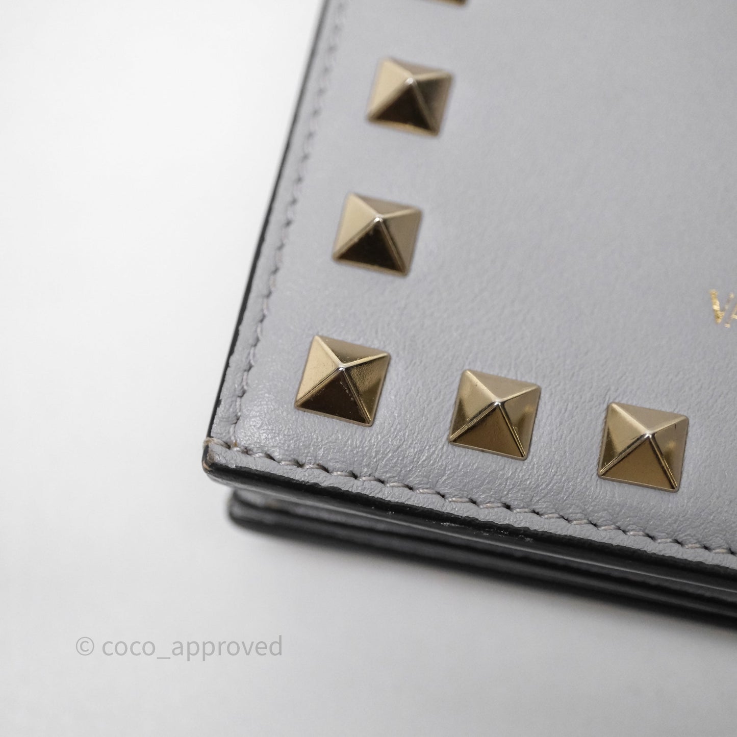 Valentino Grey Garavani Rockstud Compact Short Wallet Gold Hardware