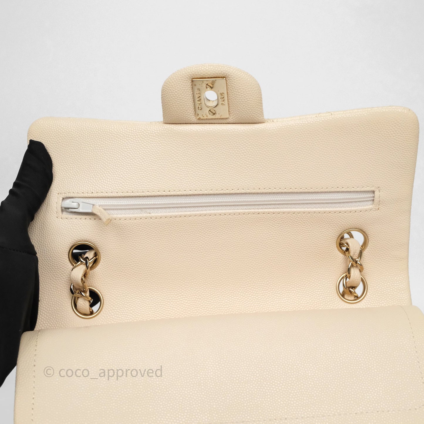 Chanel Small Classic Flap Quilted Light Ivory Beige Caviar Gold Hardware