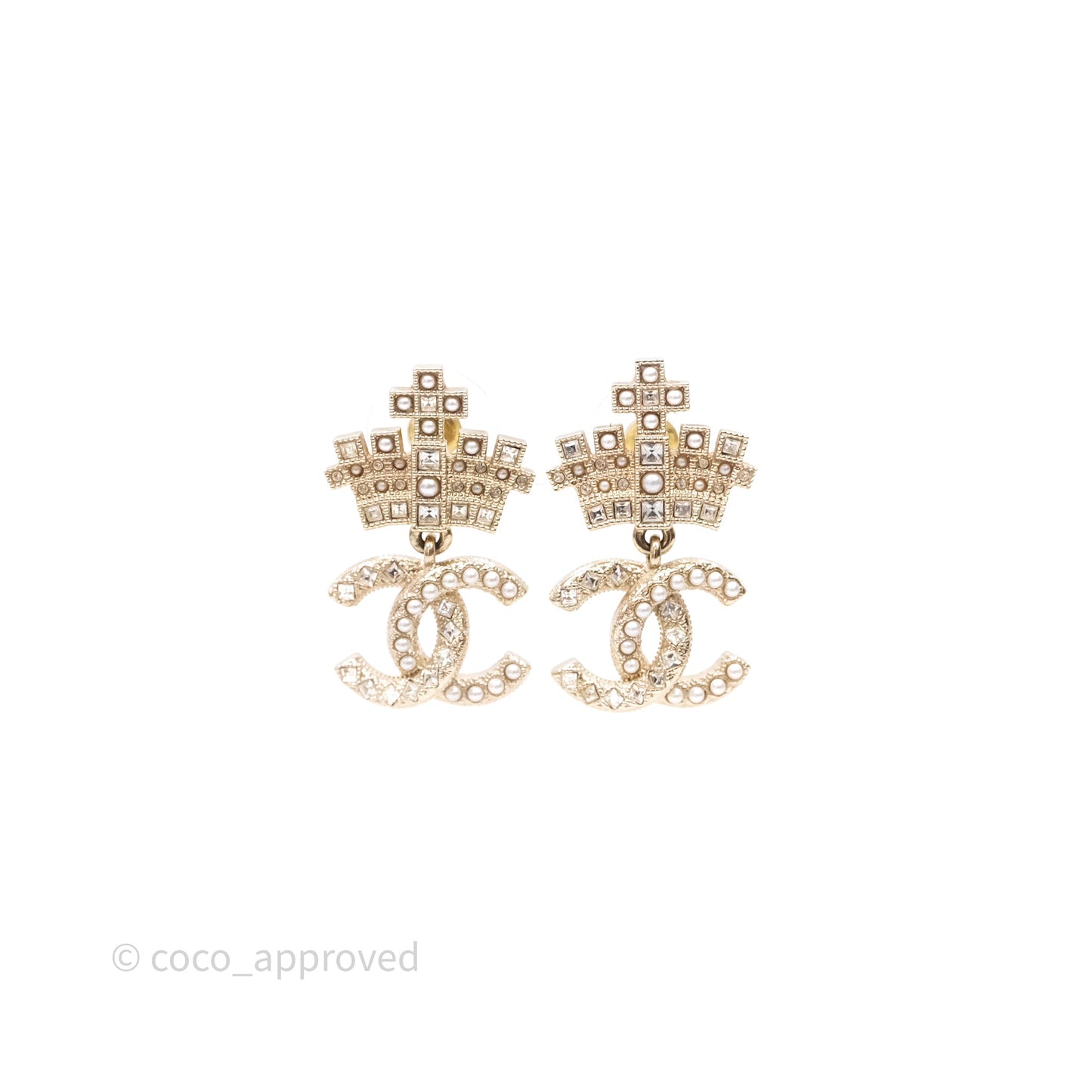 Chanel Crystal Pearl Crown CC Drop Earrings Gold Tone 21A