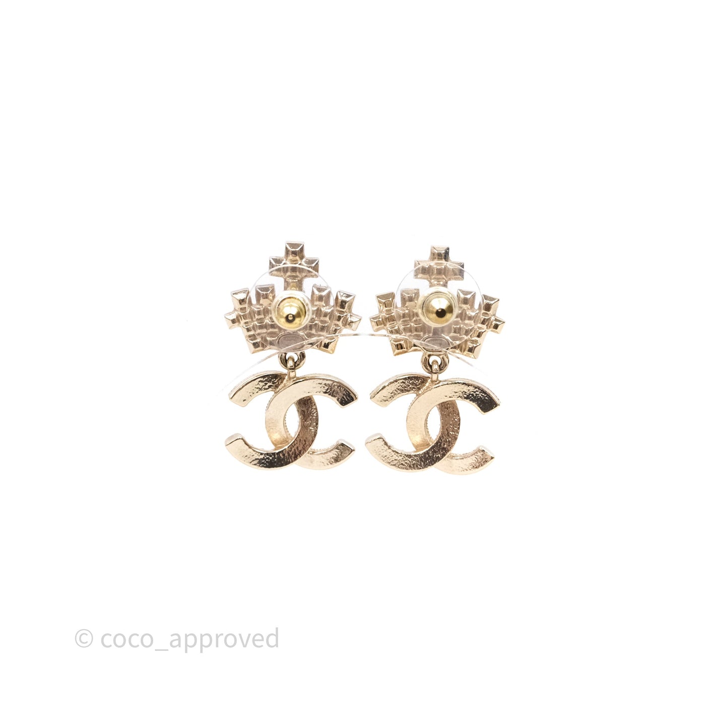 Chanel Crystal Pearl Crown CC Drop Earrings Gold Tone 21A