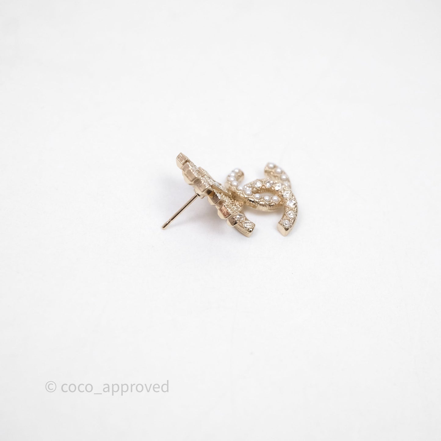 Chanel Crystal Pearl Crown CC Drop Earrings Gold Tone 21A