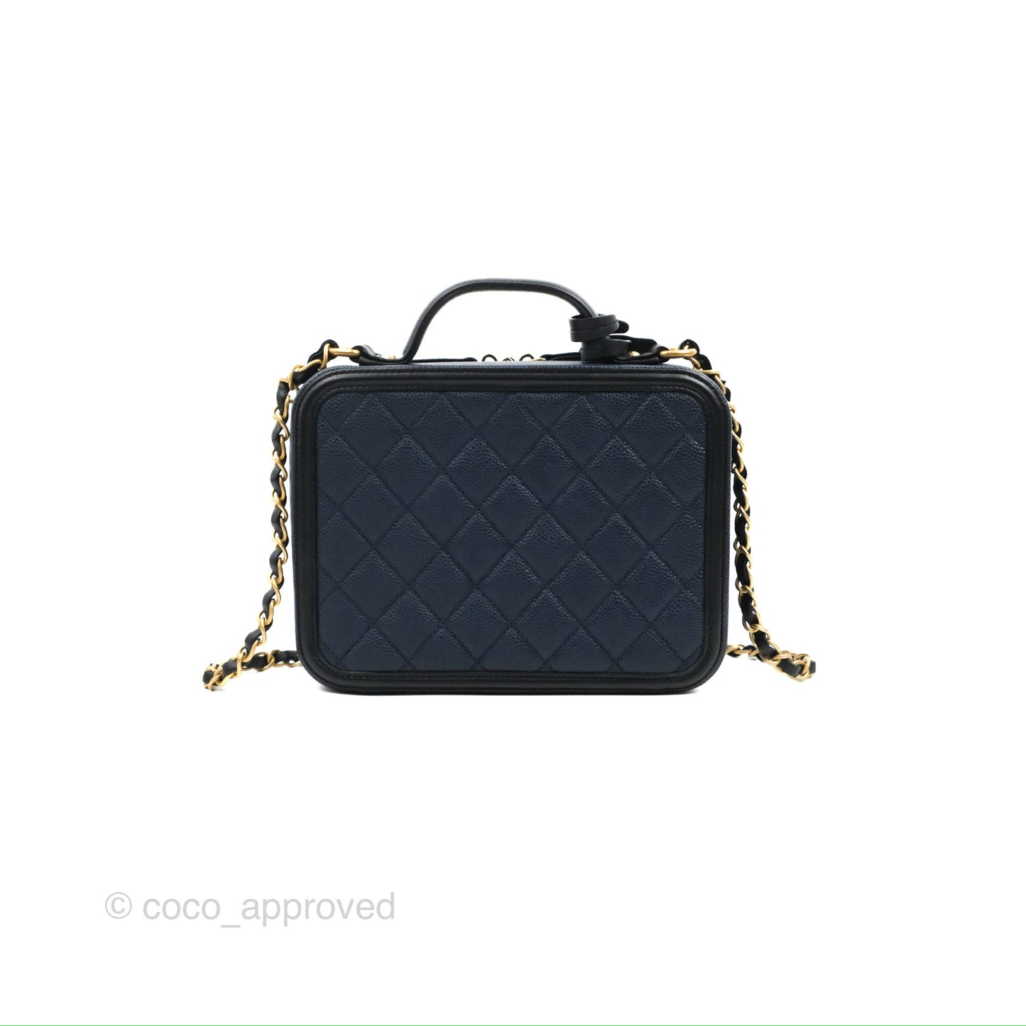 Chanel Quilted Medium CC Filigree Vanity Case Navy Black Caviar Aged Gold Hardware